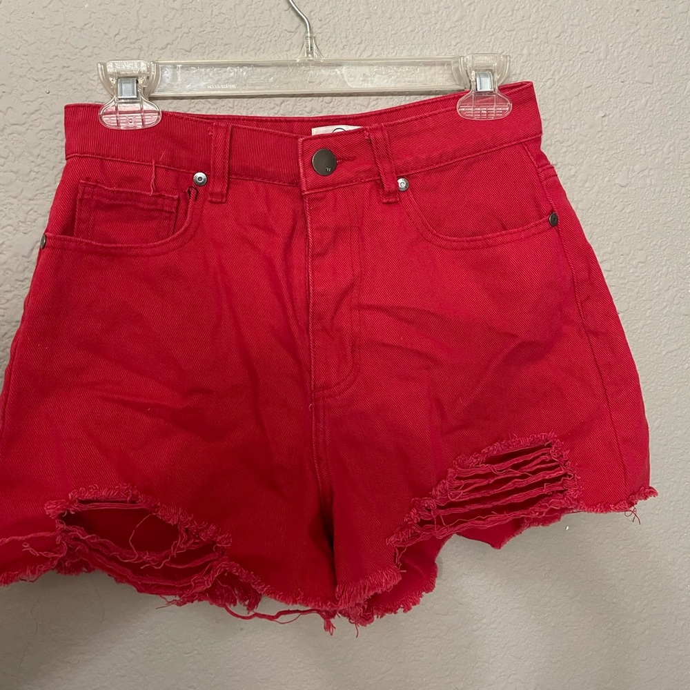 SOLD. High waisted bright red denim shorts. no stretch. size 4 and true to size.
